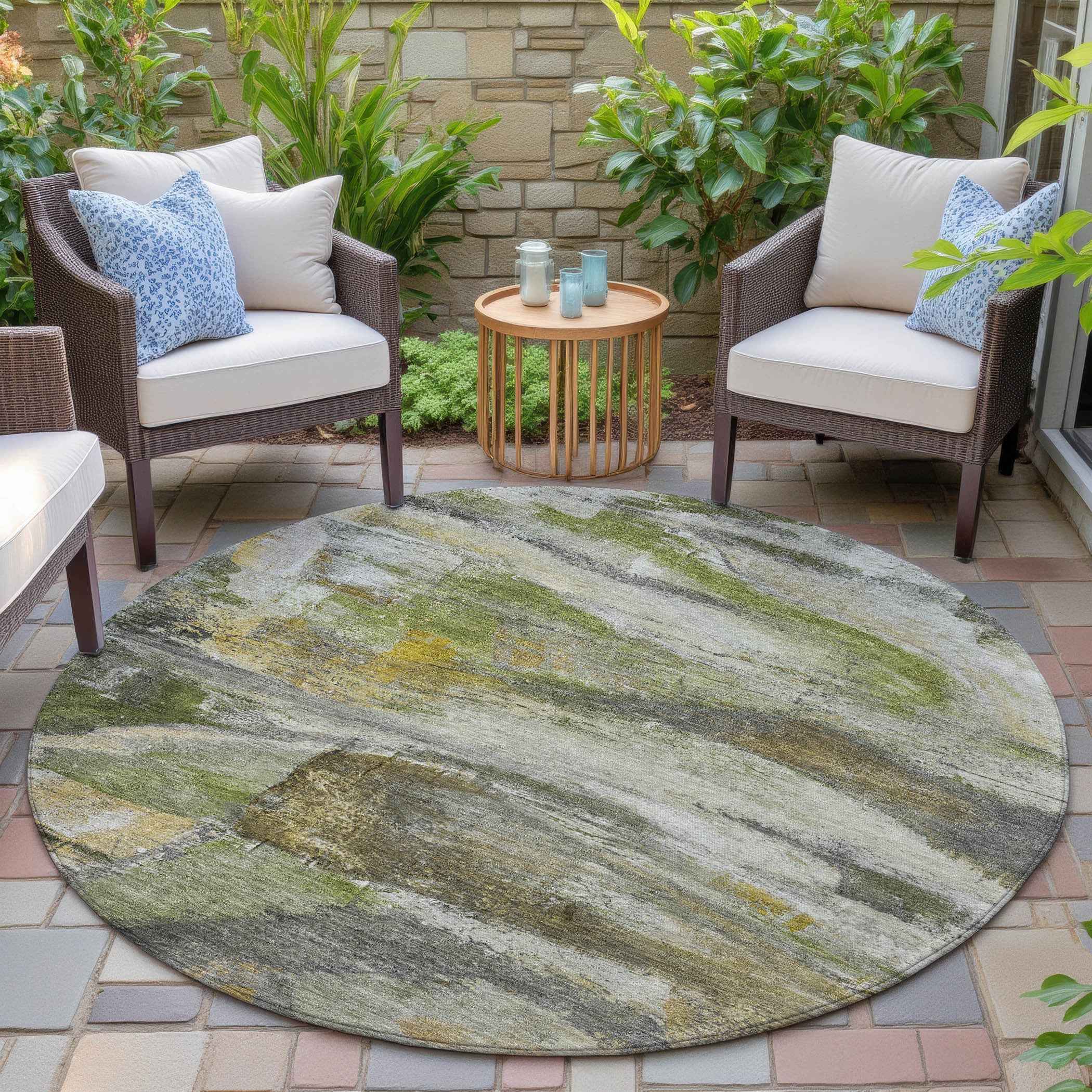 8' Olive Green Gray And Ivory Round Abstract Washable Indoor Outdoor Area Rug