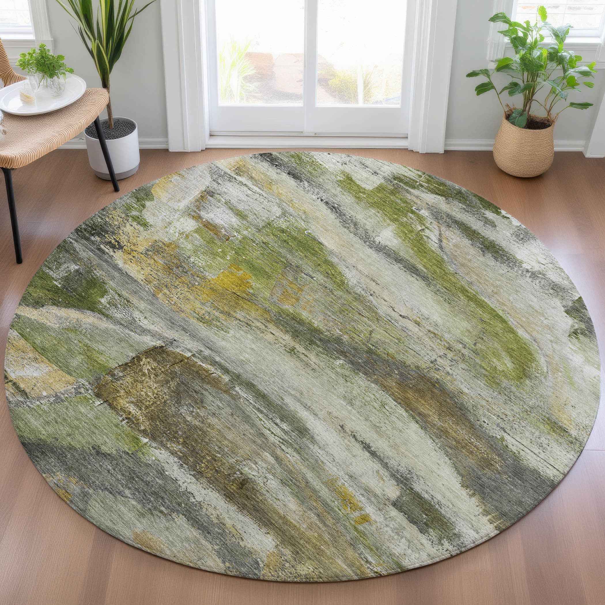 8' Olive Green Gray And Ivory Round Abstract Washable Indoor Outdoor Area Rug