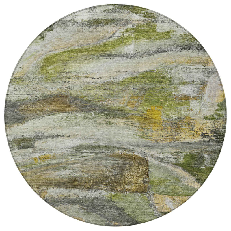 8' Olive Green Gray And Ivory Round Abstract Washable Indoor Outdoor Area Rug