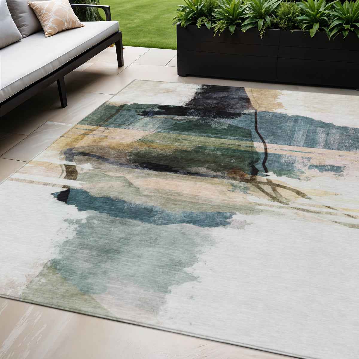 5' X 8' Green And Ivory Abstract Washable Indoor Outdoor Area Rug