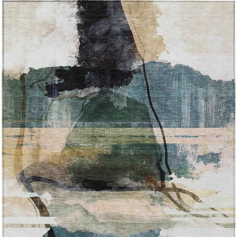 5' X 8' Green And Ivory Abstract Washable Indoor Outdoor Area Rug