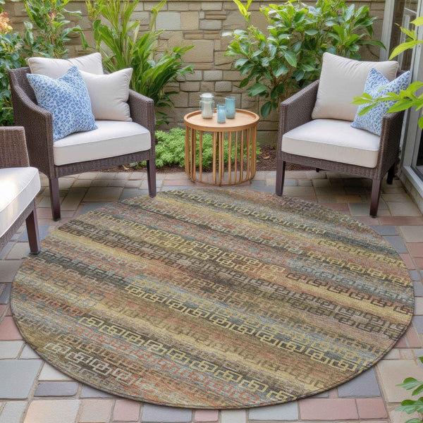 8' Brown And Gold Round Striped Washable Indoor Outdoor Area Rug