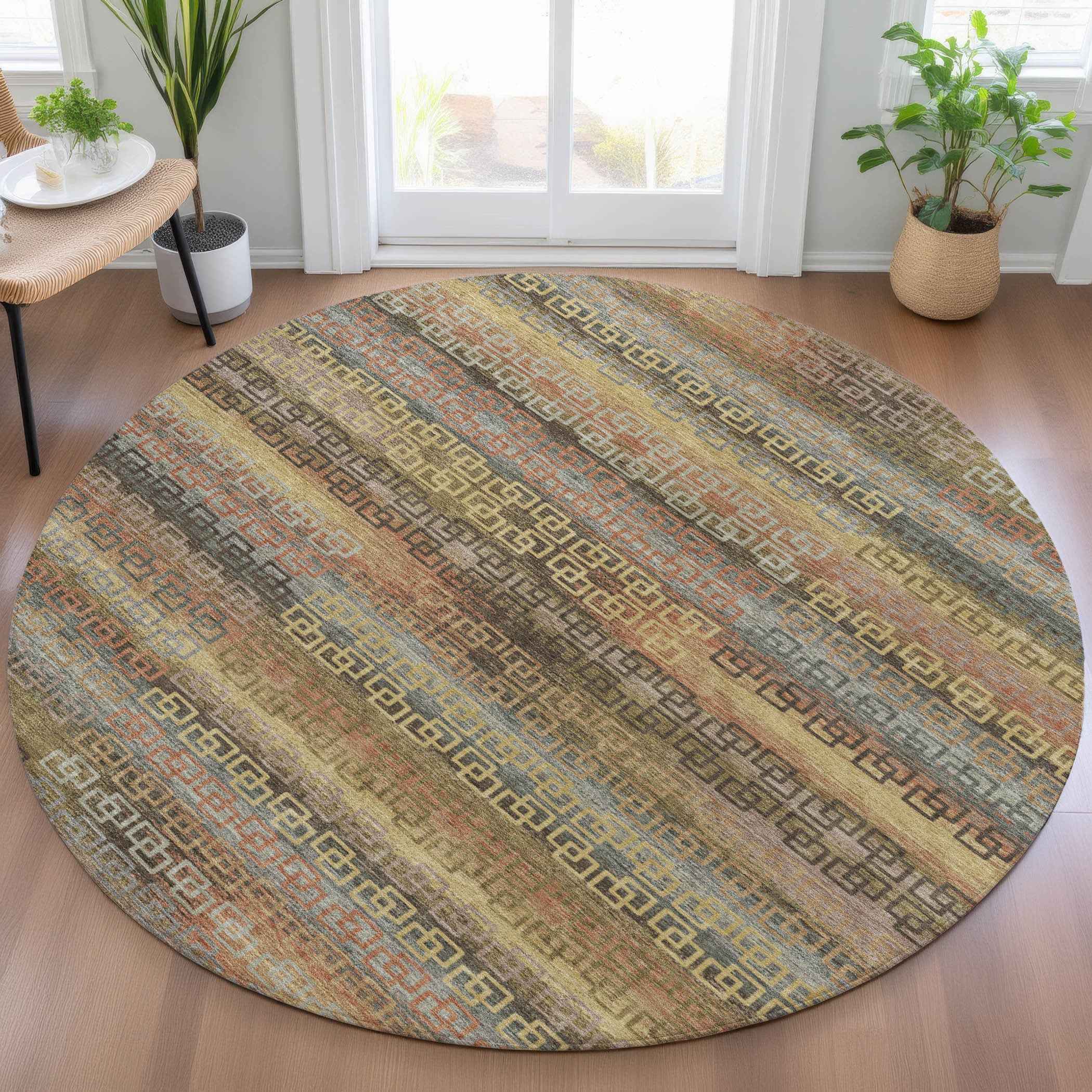 8' Brown And Gold Round Striped Washable Indoor Outdoor Area Rug