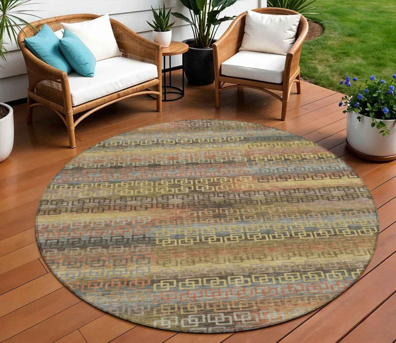 8' Brown And Gold Round Striped Washable Indoor Outdoor Area Rug