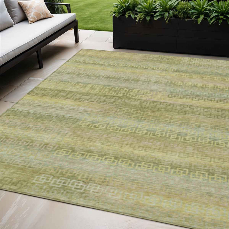 5' X 8' Sage And Gold Striped Washable Indoor Outdoor Area Rug
