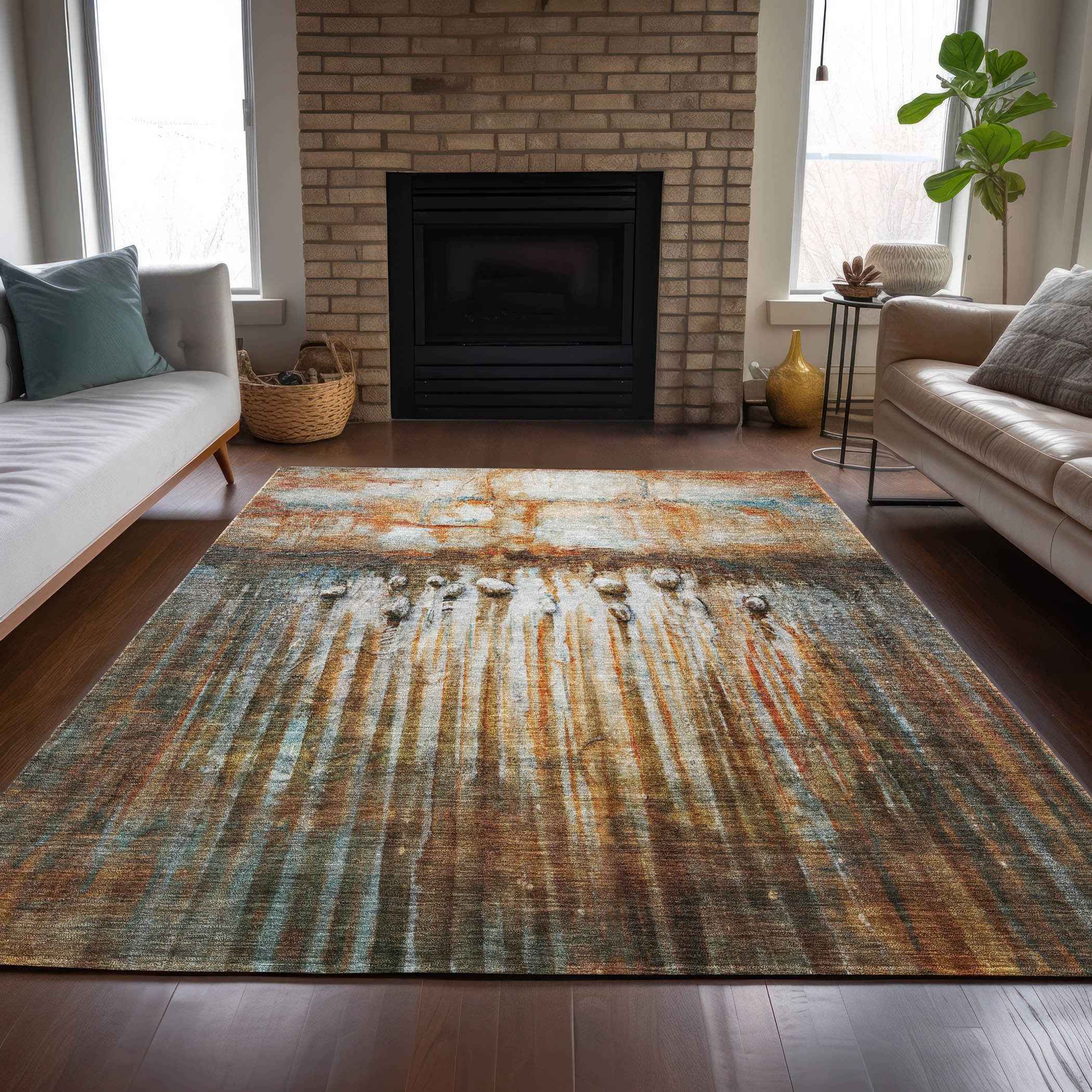 10' X 14' Rust Gray And Blue Abstract Washable Indoor Outdoor Area Rug