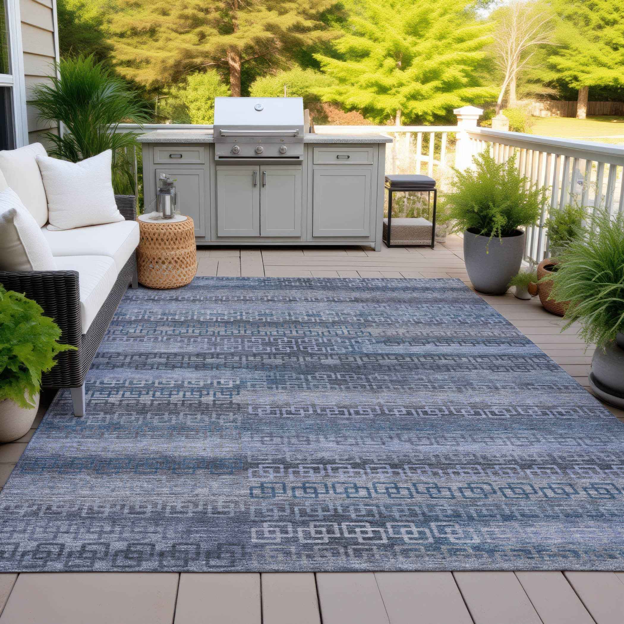 3' X 5' Taupe And Blue Striped Washable Indoor Outdoor Area Rug