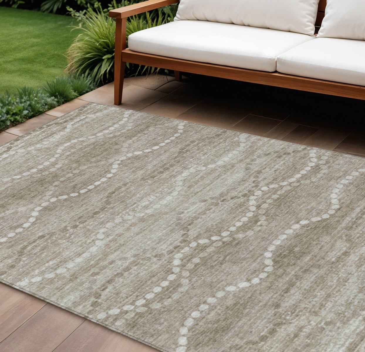 10' X 14' Khaki And Ivory Ogee Washable Indoor Outdoor Area Rug