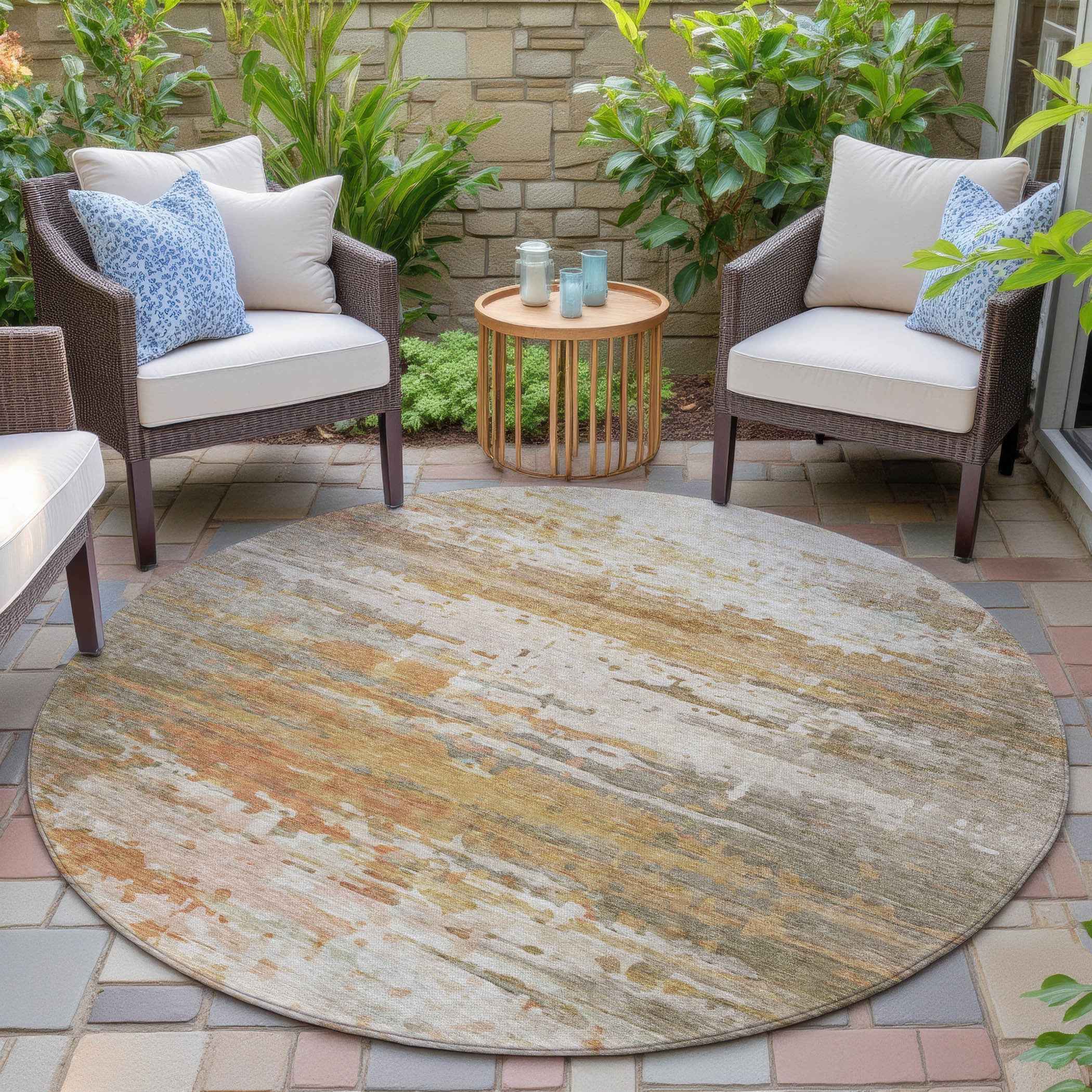 8' Khaki And Beige Round Abstract Washable Indoor Outdoor Area Rug