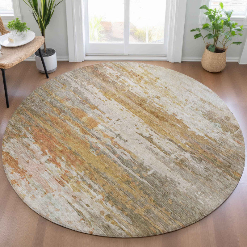 8' Khaki And Beige Round Abstract Washable Indoor Outdoor Area Rug