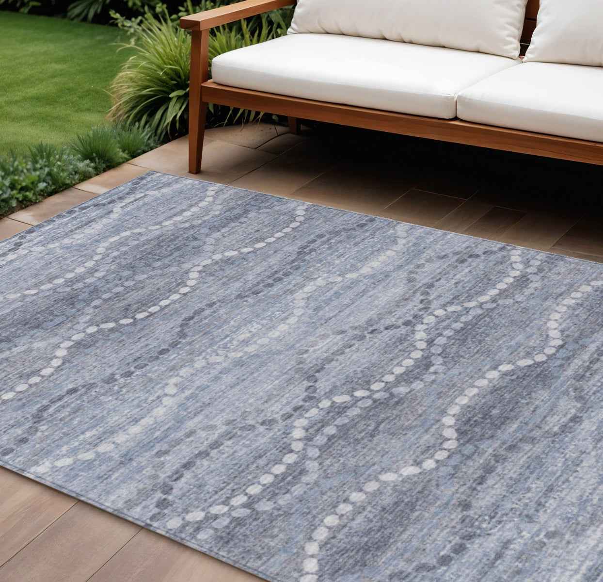 10' X 14' Blue And Ivory Ogee Washable Indoor Outdoor Area Rug