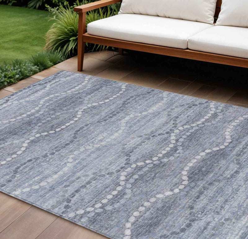 10' X 14' Blue And Ivory Ogee Washable Indoor Outdoor Area Rug