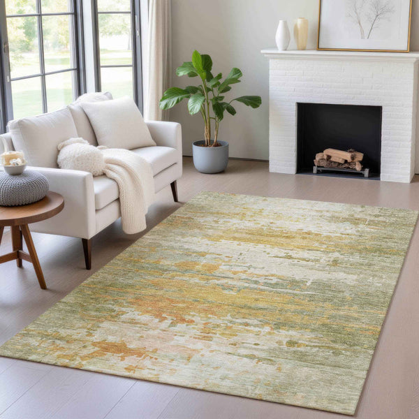 9' X 12' Artichoke Green And Gold Abstract Washable Indoor Outdoor Area Rug