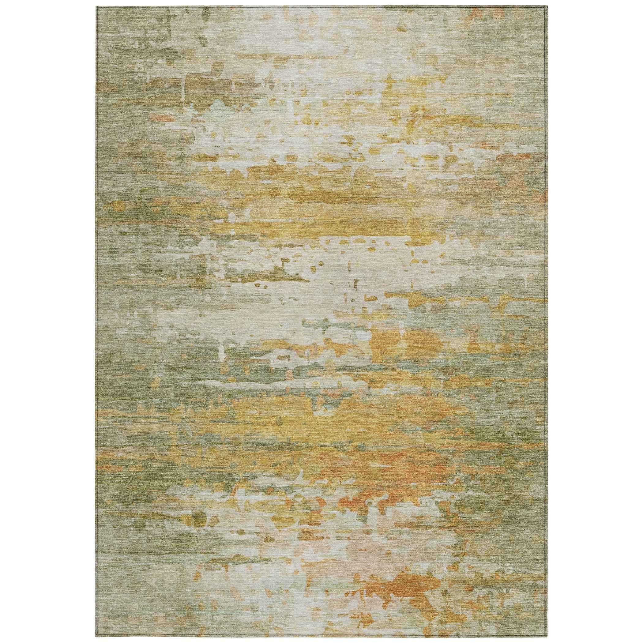 9' X 12' Artichoke Green And Gold Abstract Washable Indoor Outdoor Area Rug