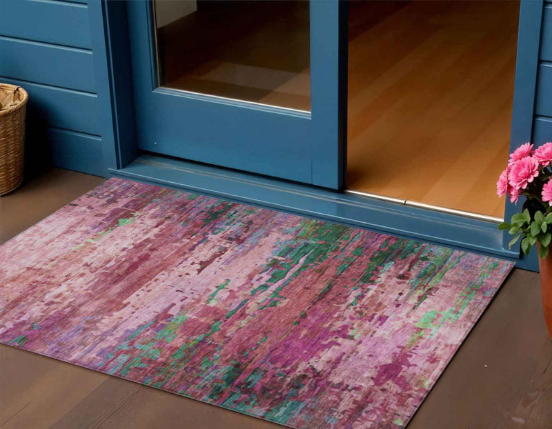 3' X 5' Pink Mauve And Green Abstract Washable Indoor Outdoor Area Rug