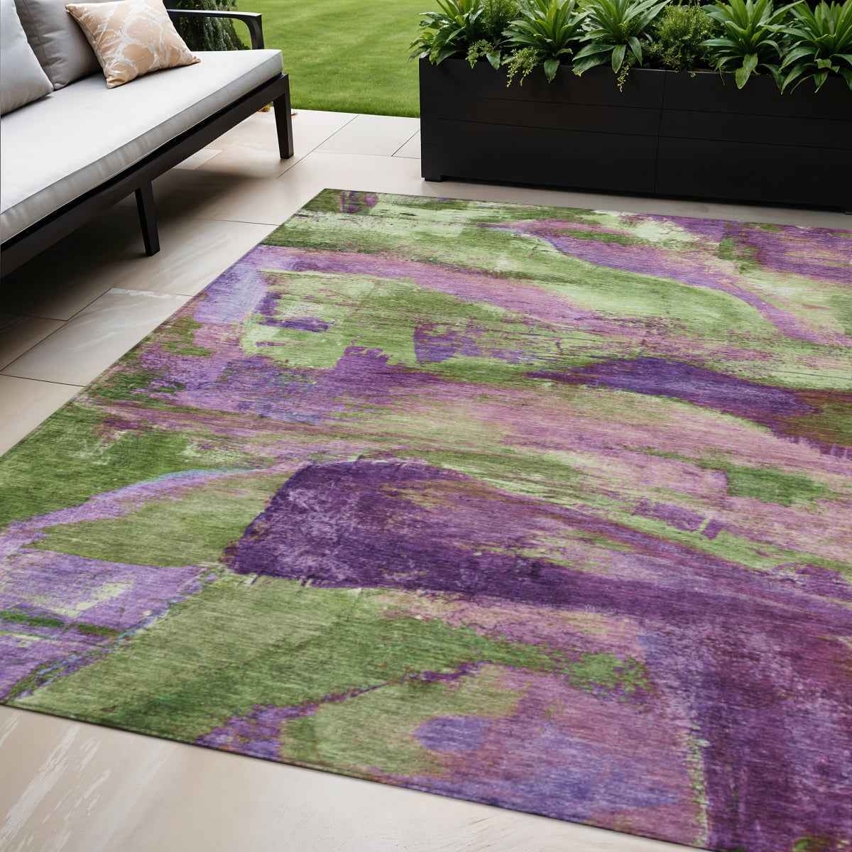 5' X 8' Purple Plum And Green Abstract Washable Indoor Outdoor Area Rug