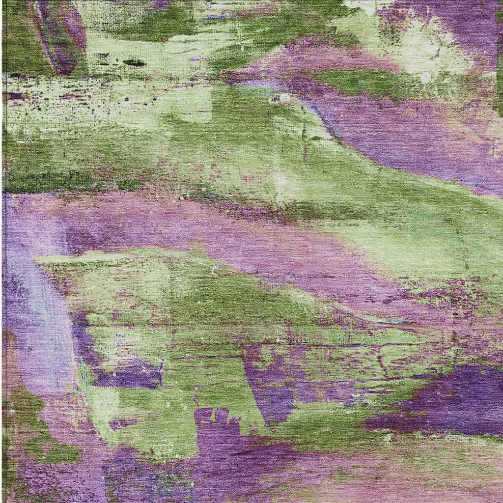 5' X 8' Purple Plum And Green Abstract Washable Indoor Outdoor Area Rug