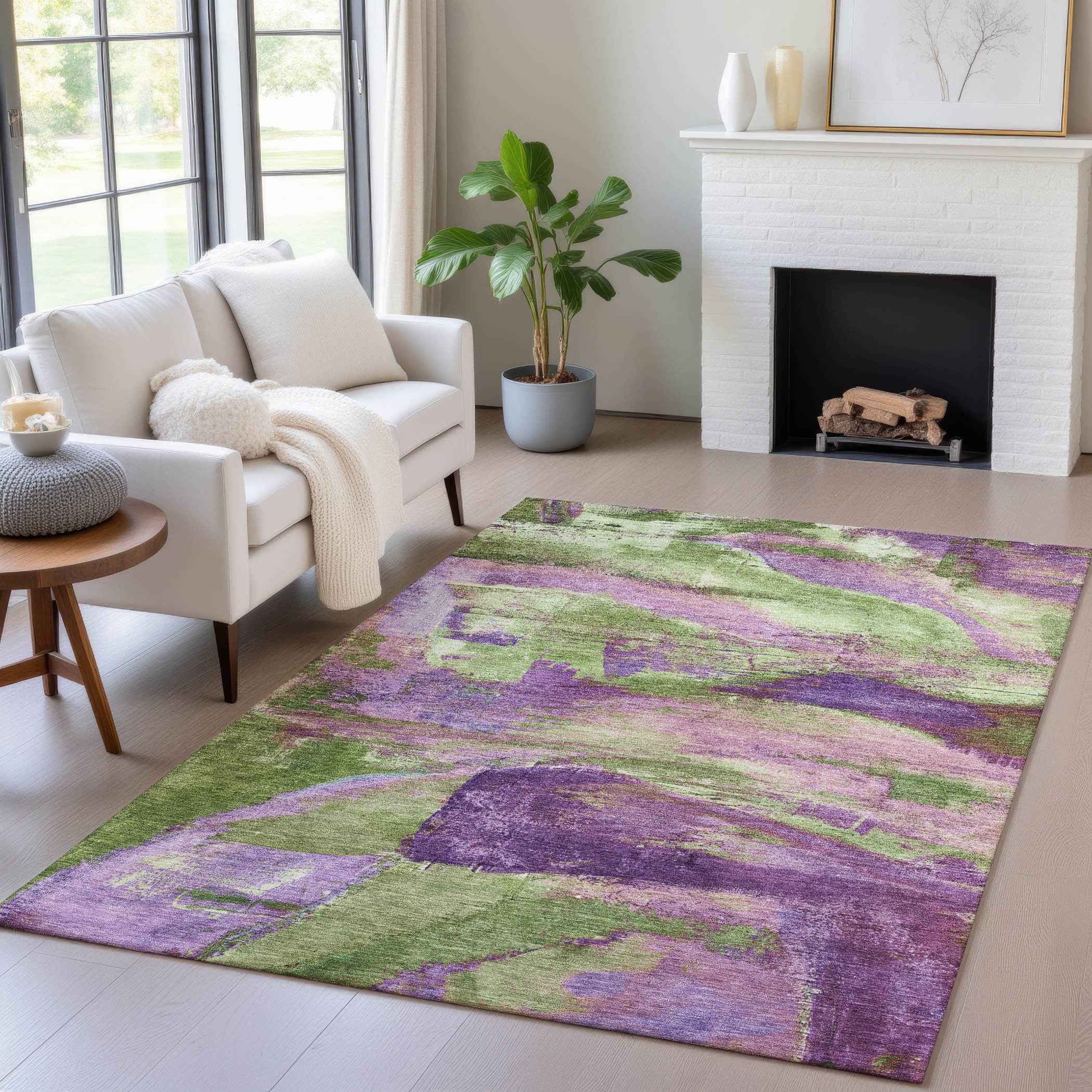 5' X 8' Purple Plum And Green Abstract Washable Indoor Outdoor Area Rug