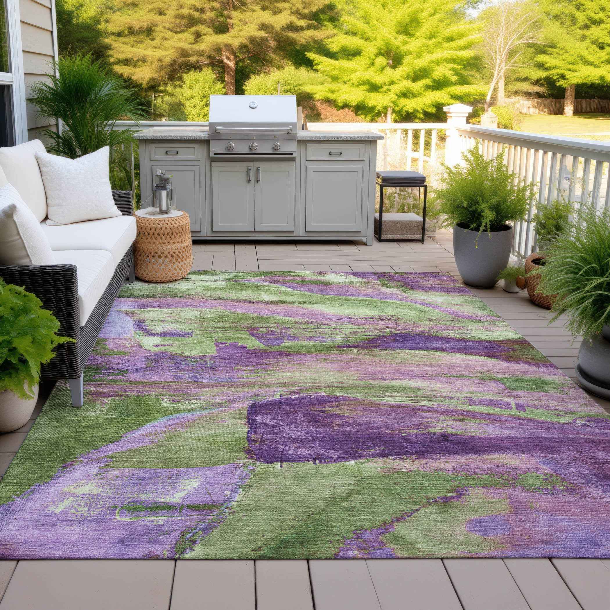 5' X 8' Purple Plum And Green Abstract Washable Indoor Outdoor Area Rug