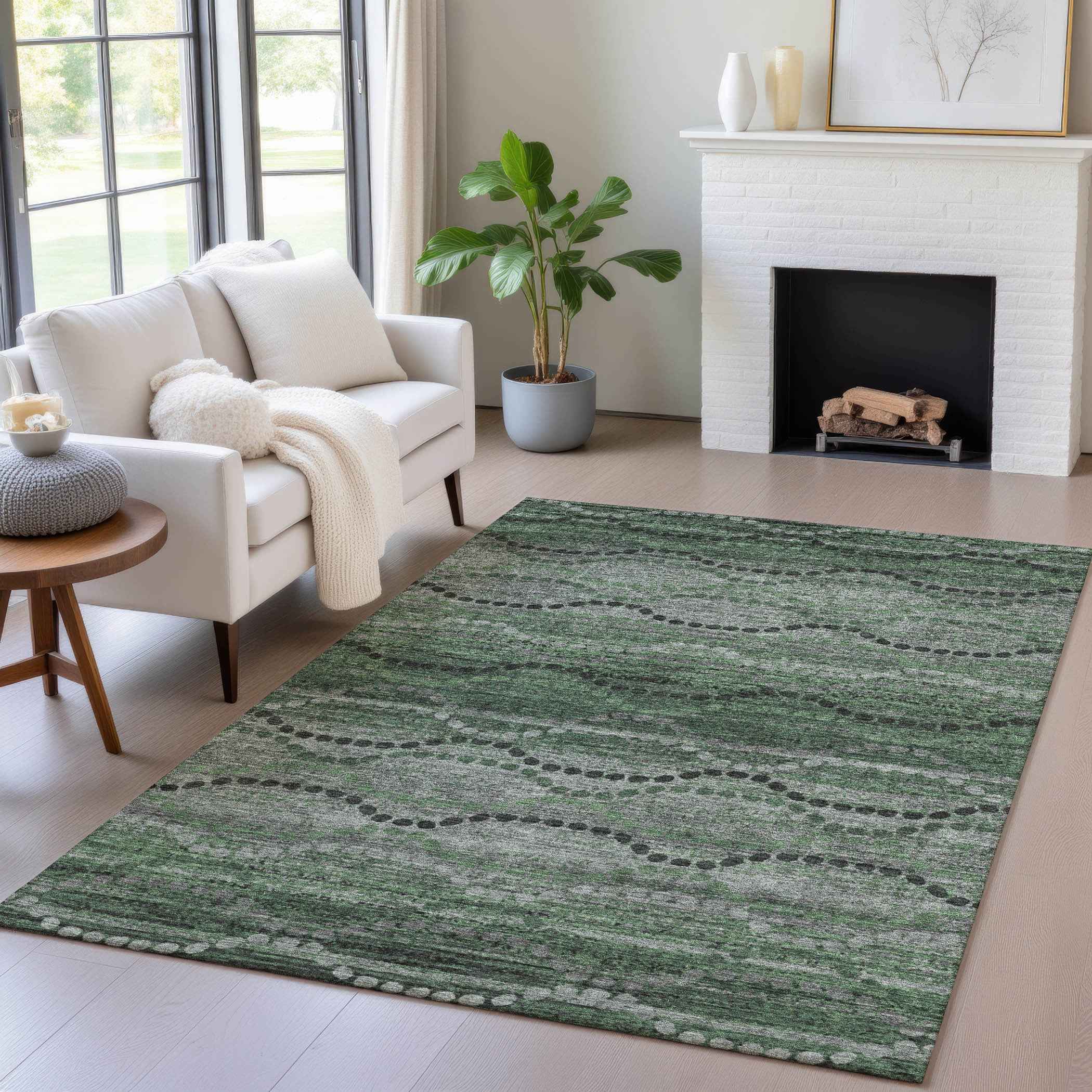 5' X 8' Olive Green And Gray Ogee Washable Indoor Outdoor Area Rug