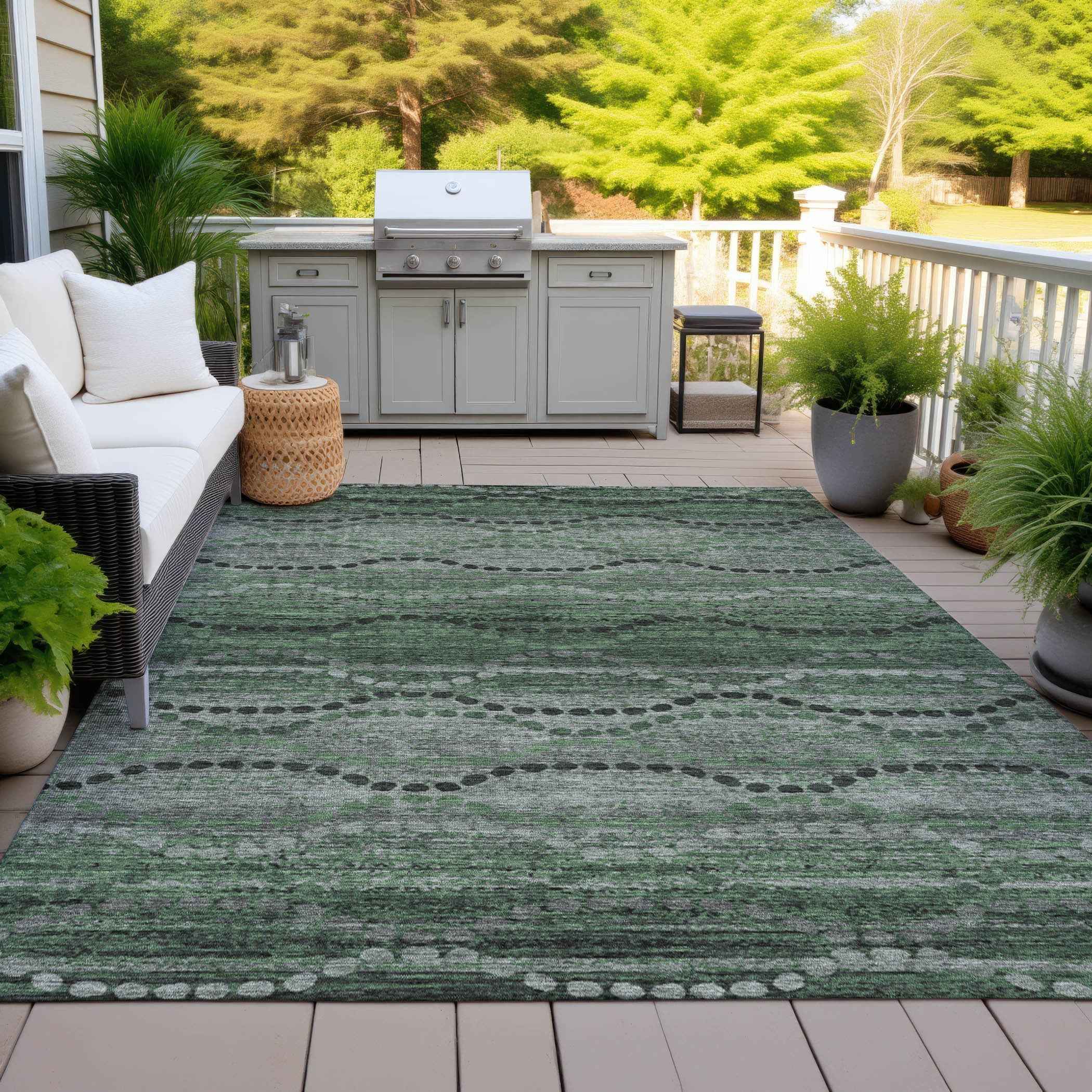 5' X 8' Olive Green And Gray Ogee Washable Indoor Outdoor Area Rug