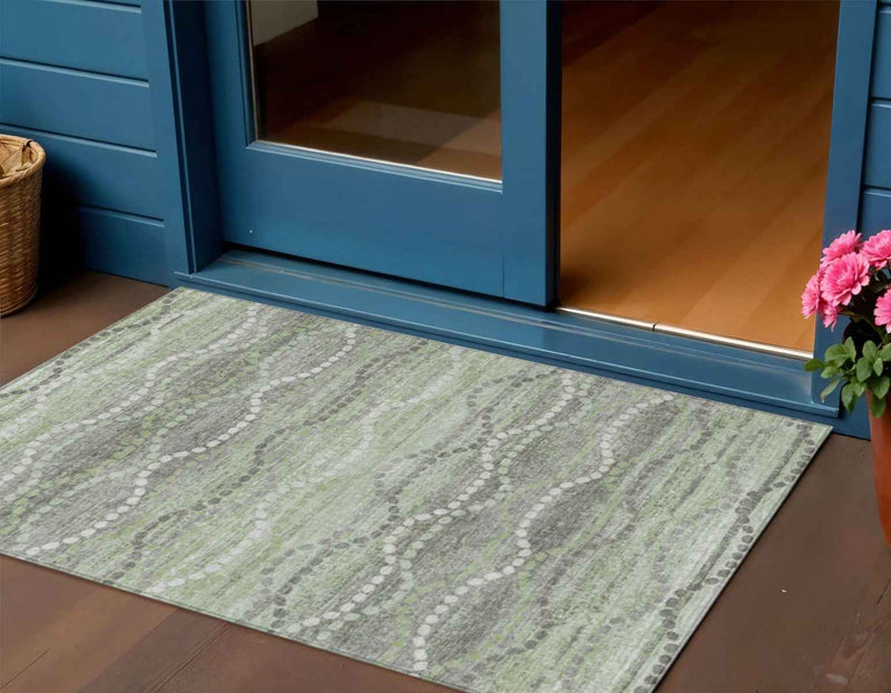 3' X 5' Green And Ivory Ogee Washable Indoor Outdoor Area Rug