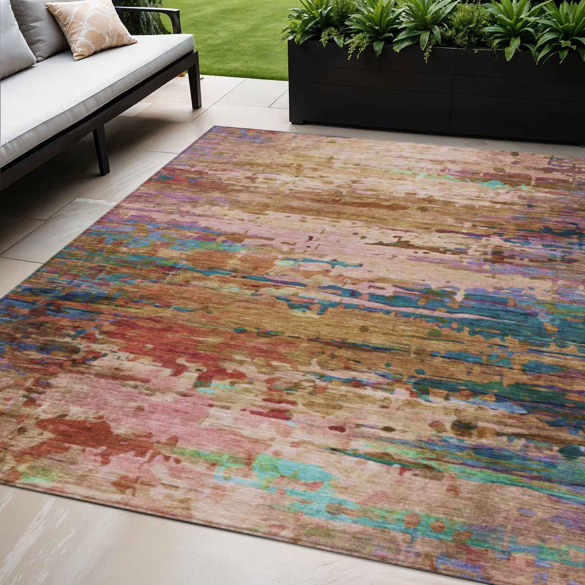 5' X 8' Sage Teal Blue And Blush Abstract Washable Indoor Outdoor Area Rug