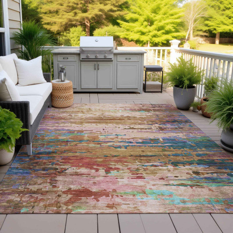 5' X 8' Sage Teal Blue And Blush Abstract Washable Indoor Outdoor Area Rug