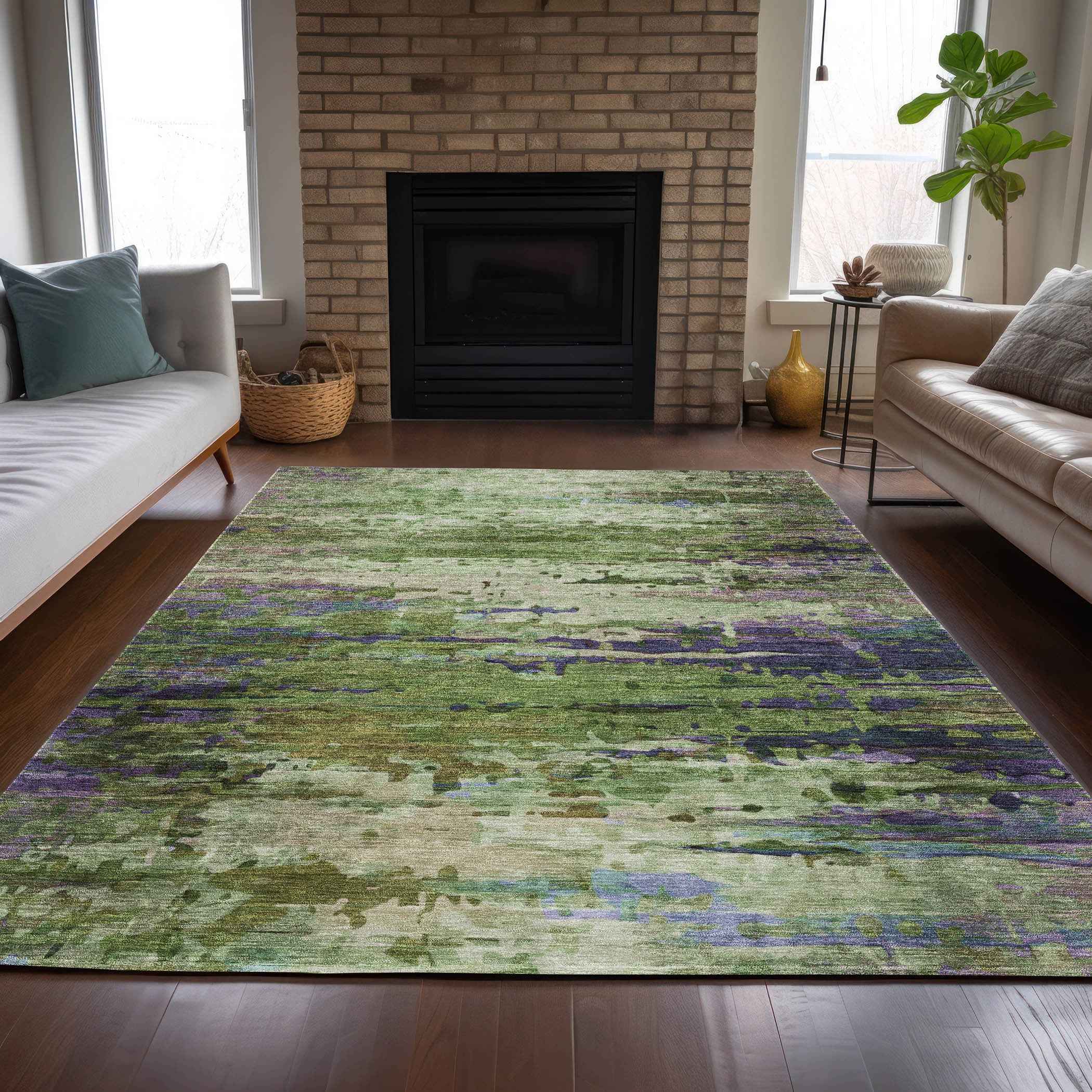 9' X 12' Green Lavender And Purple Abstract Washable Indoor Outdoor Area Rug