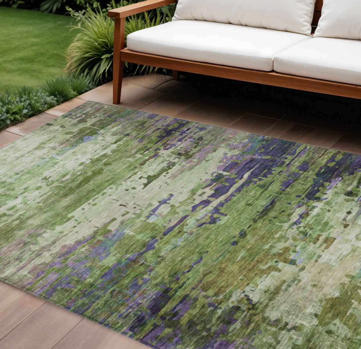 9' X 12' Green Lavender And Purple Abstract Washable Indoor Outdoor Area Rug