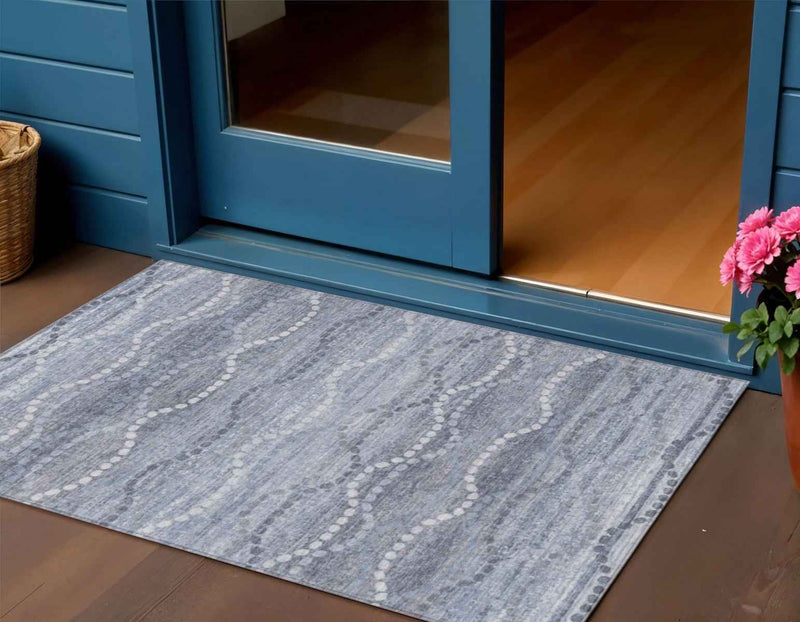 3' X 5' Blue And Ivory Ogee Washable Indoor Outdoor Area Rug