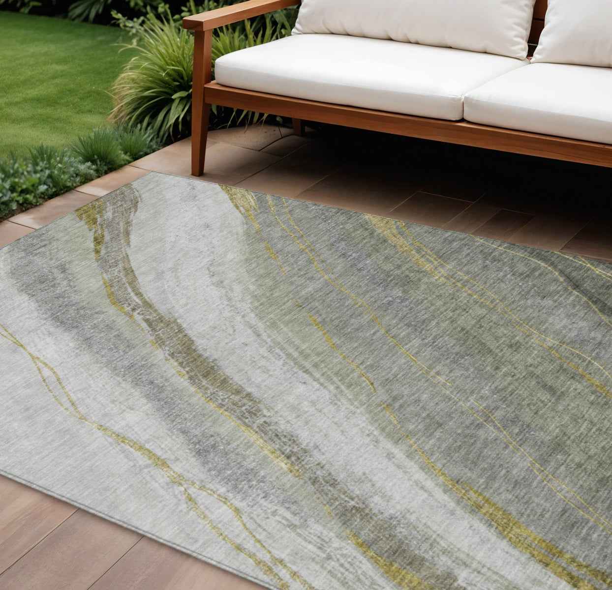 10' X 14' Artichoke Green And Gray Abstract Washable Indoor Outdoor Area Rug