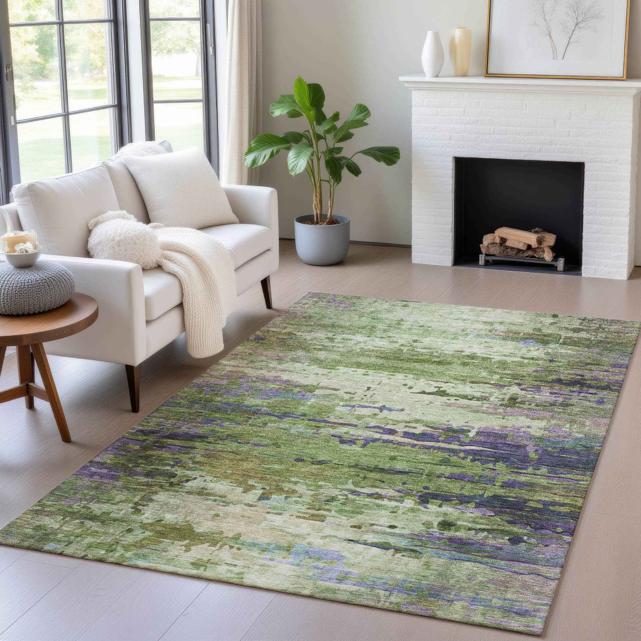 8' X 10' Green Lavender And Purple Abstract Washable Indoor Outdoor Area Rug