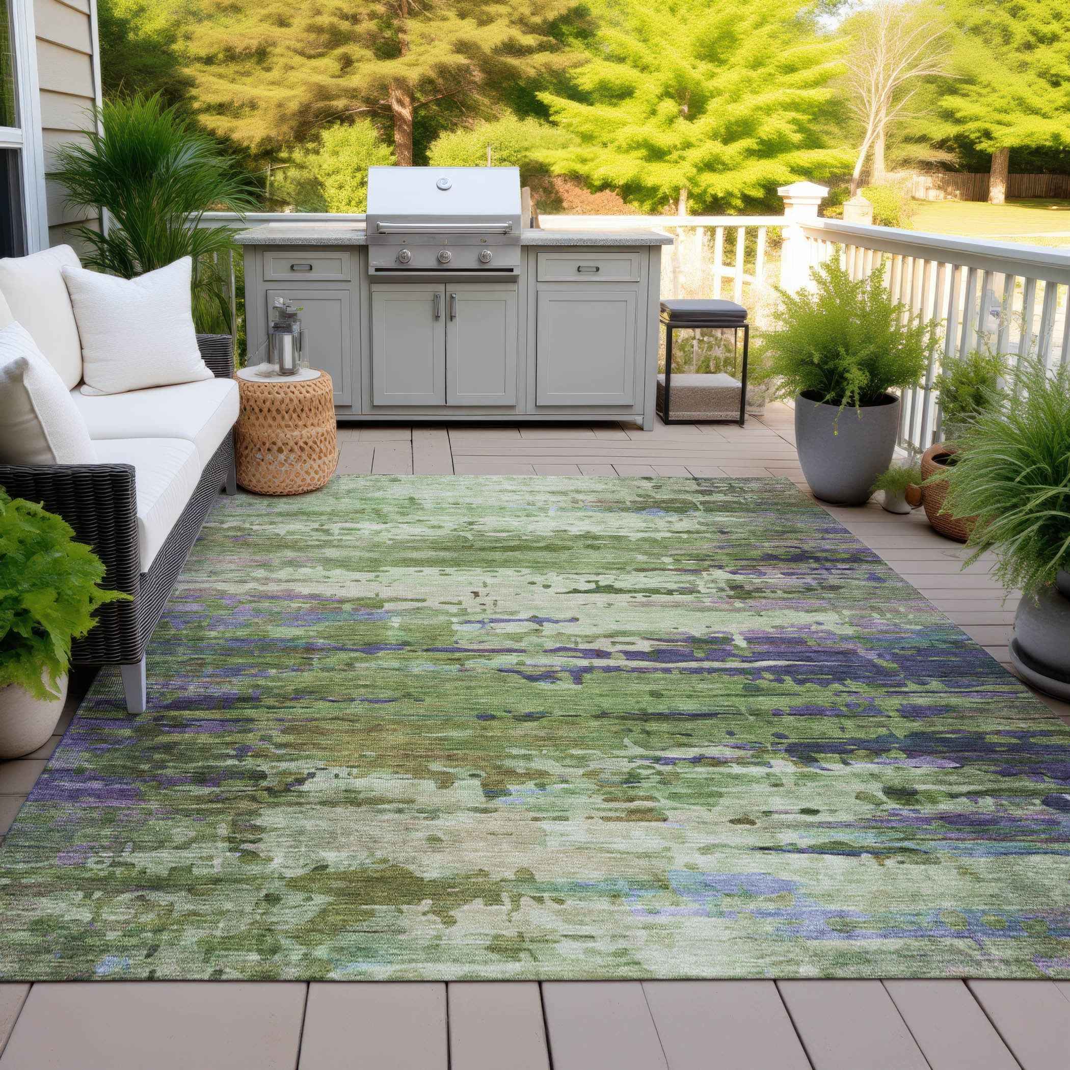 8' X 10' Green Lavender And Purple Abstract Washable Indoor Outdoor Area Rug