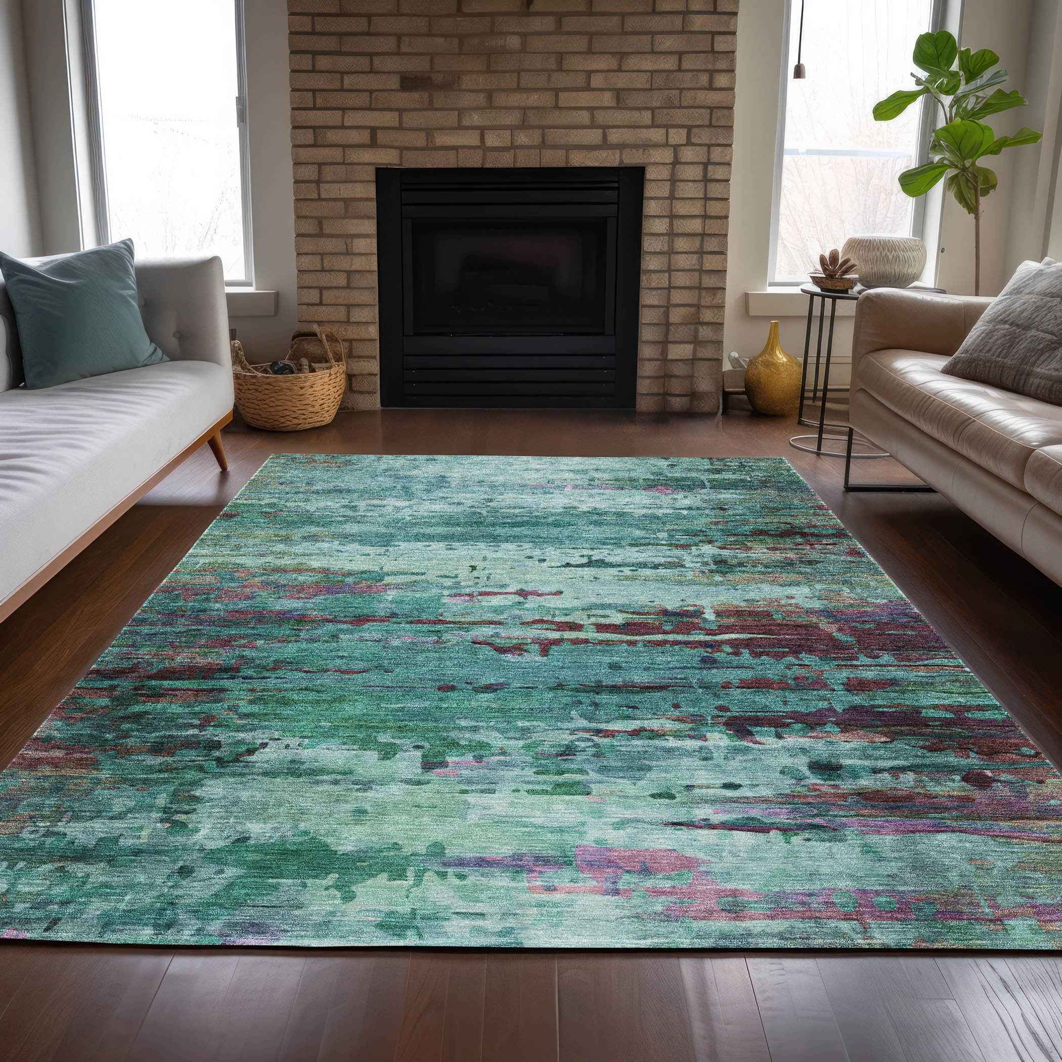 3' X 5' Teal Blue Pale Aqua And Plum Abstract Washable Indoor Outdoor Area Rug