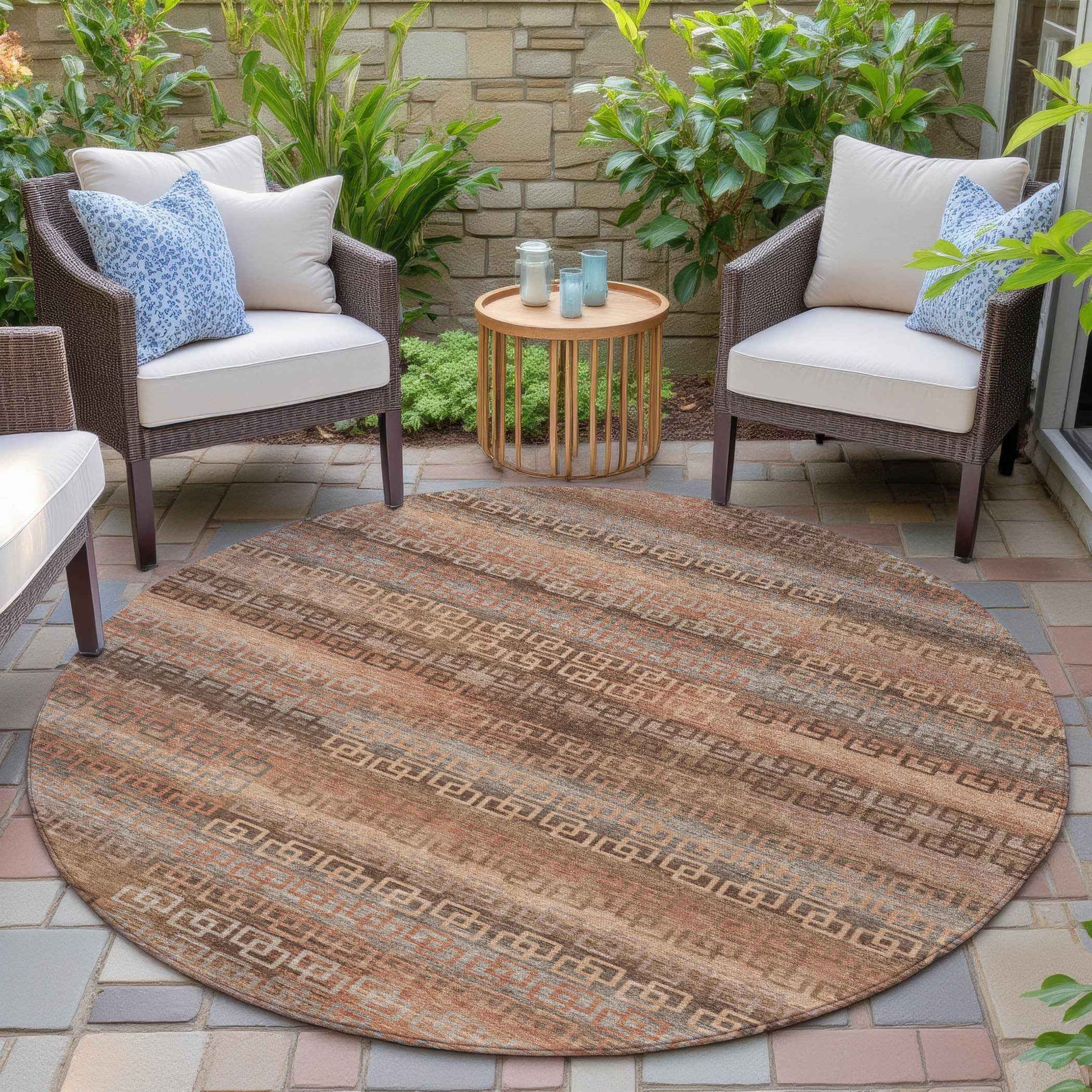 8' Copper And Peach Round Striped Washable Indoor Outdoor Area Rug