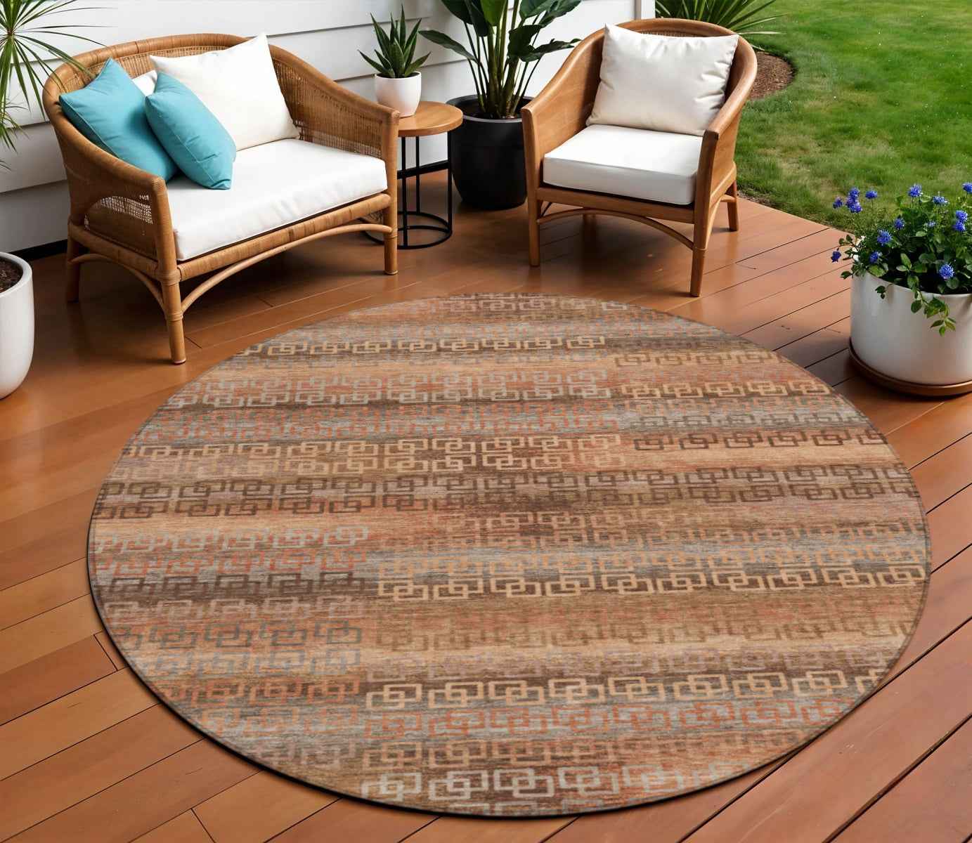 8' Copper And Peach Round Striped Washable Indoor Outdoor Area Rug