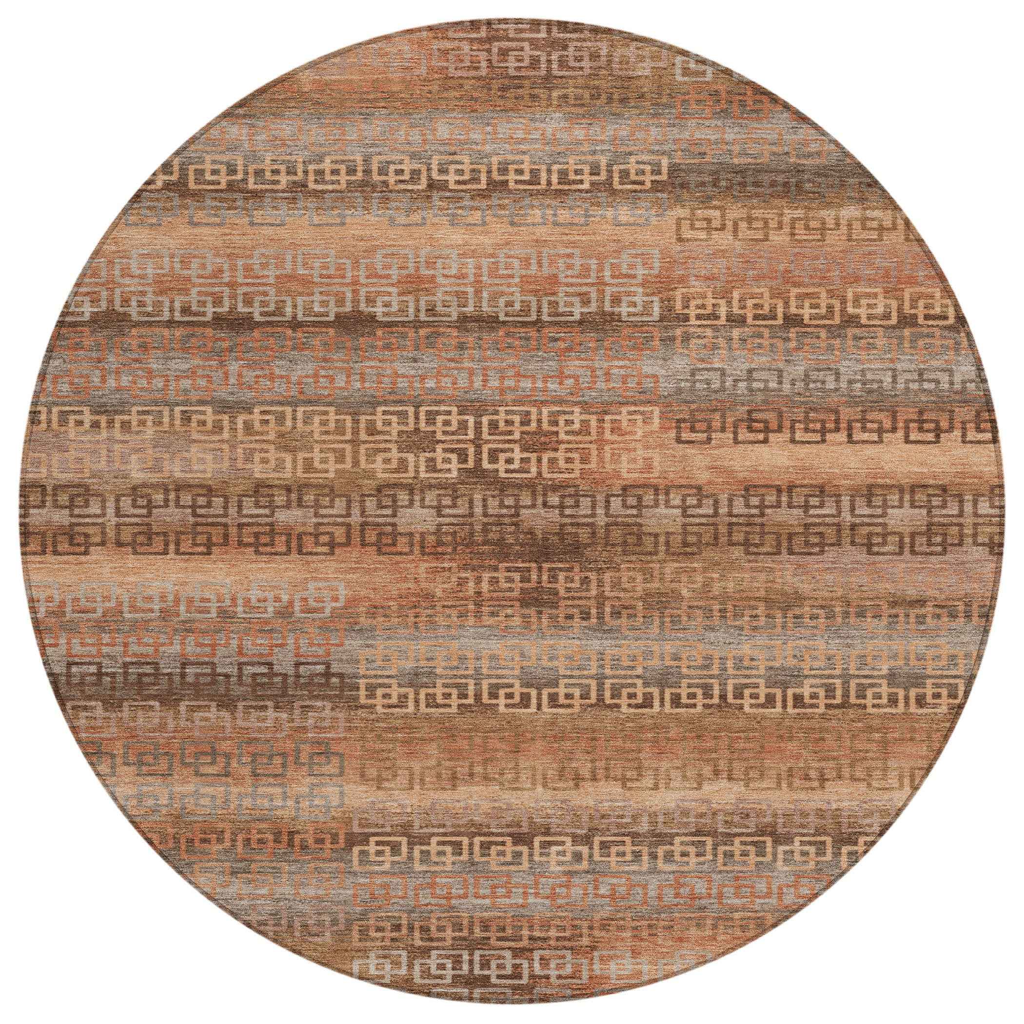 8' Copper And Peach Round Striped Washable Indoor Outdoor Area Rug