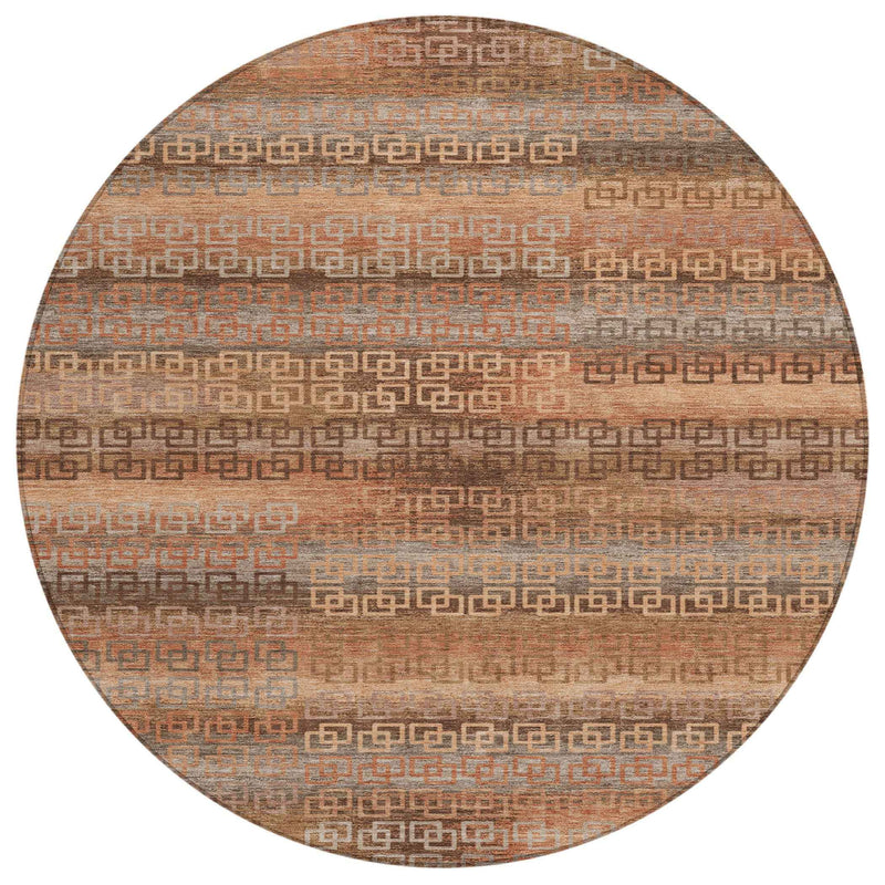 8' Copper And Peach Round Striped Washable Indoor Outdoor Area Rug