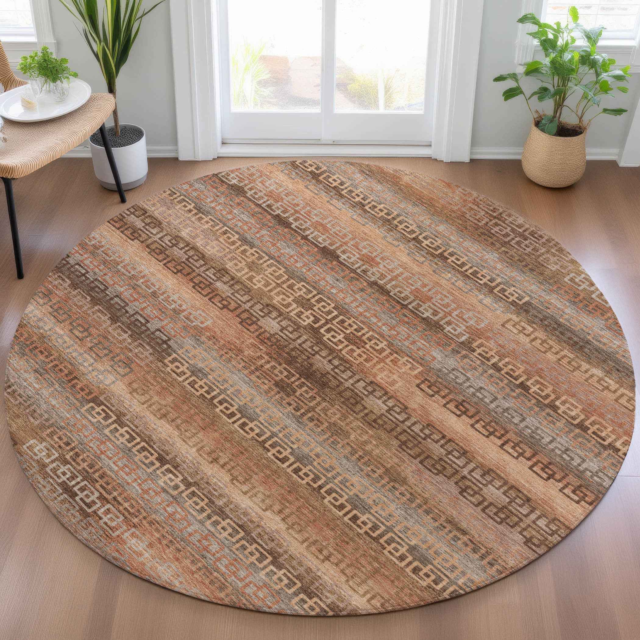 8' Copper And Peach Round Striped Washable Indoor Outdoor Area Rug