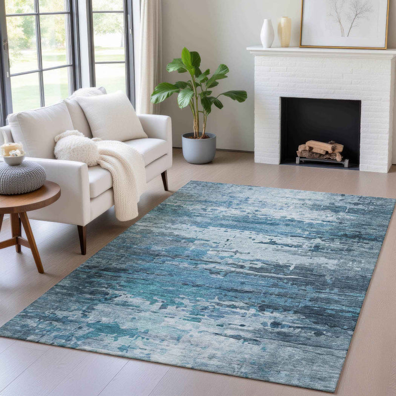 8' X 10' Blue And Ivory Abstract Washable Indoor Outdoor Area Rug