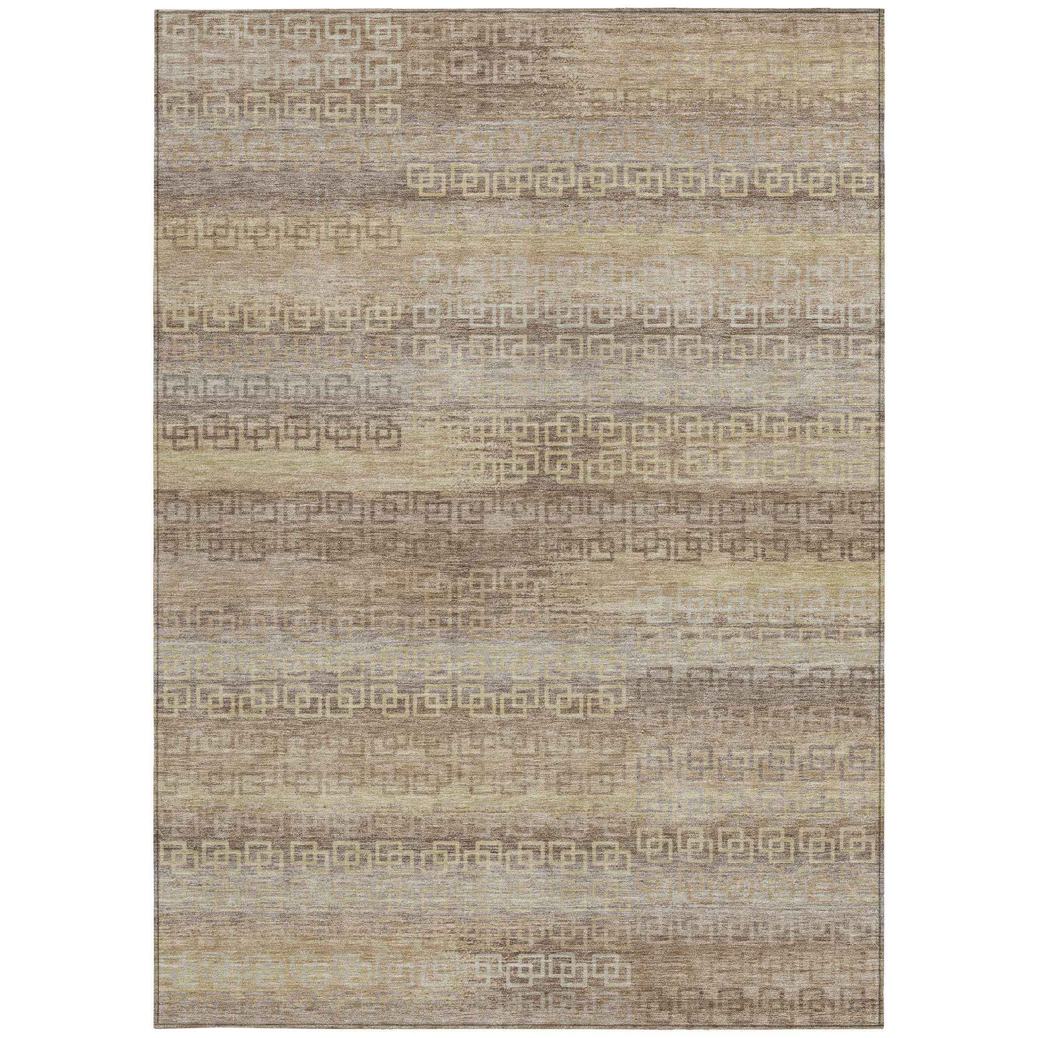 9' X 12' Beige And Wheat Striped Washable Indoor Outdoor Area Rug