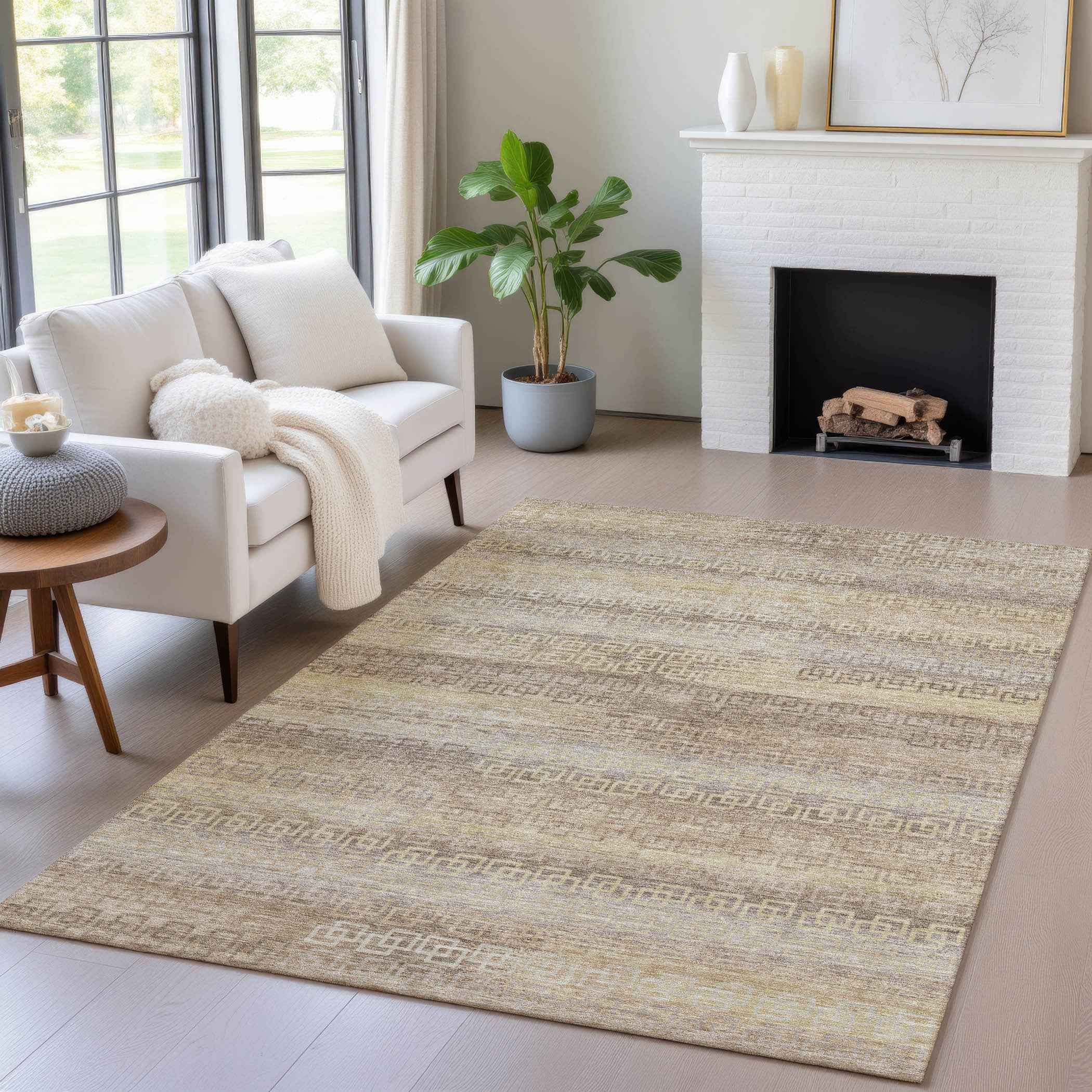 9' X 12' Beige And Wheat Striped Washable Indoor Outdoor Area Rug