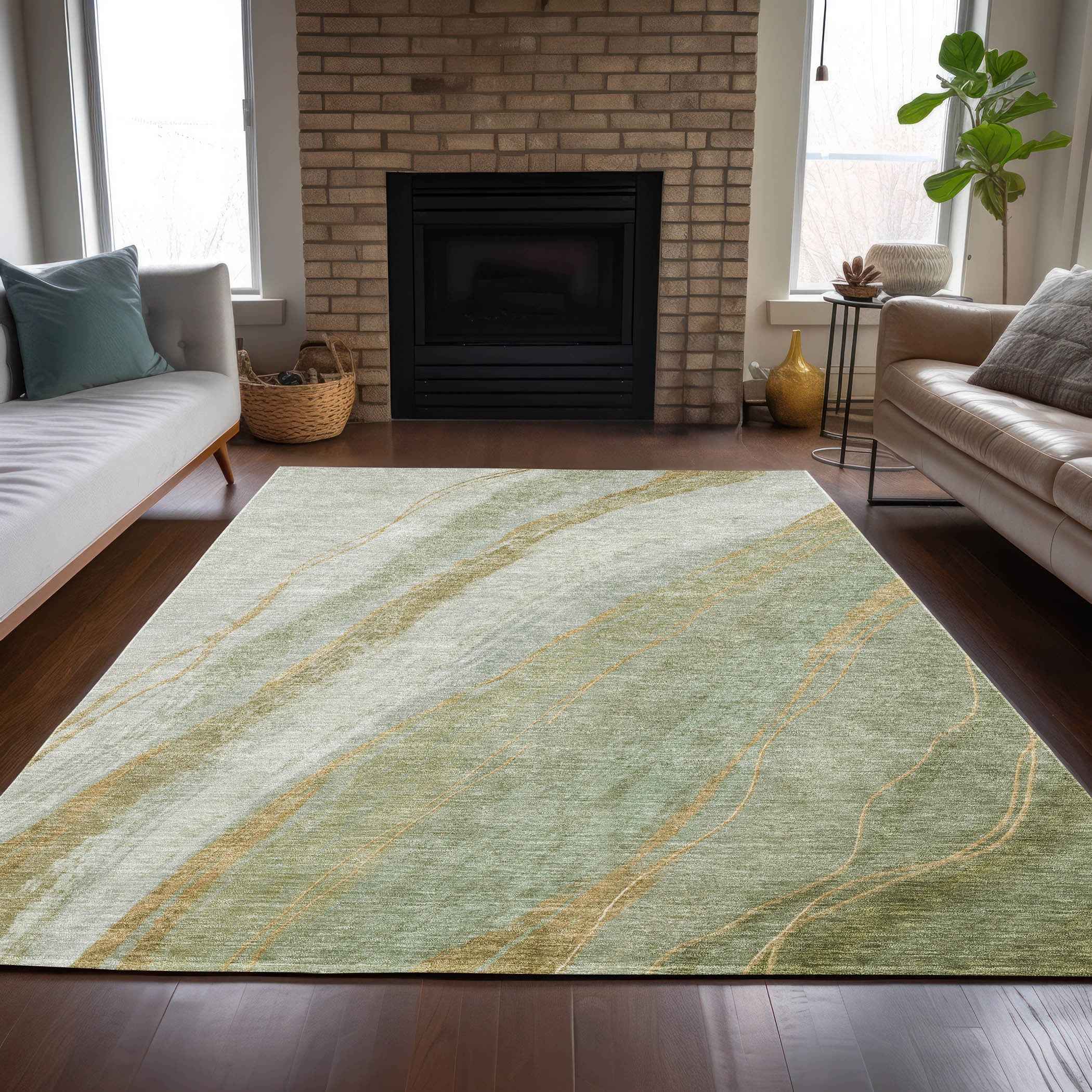 8' X 10' Sage And Copper Abstract Washable Indoor Outdoor Area Rug