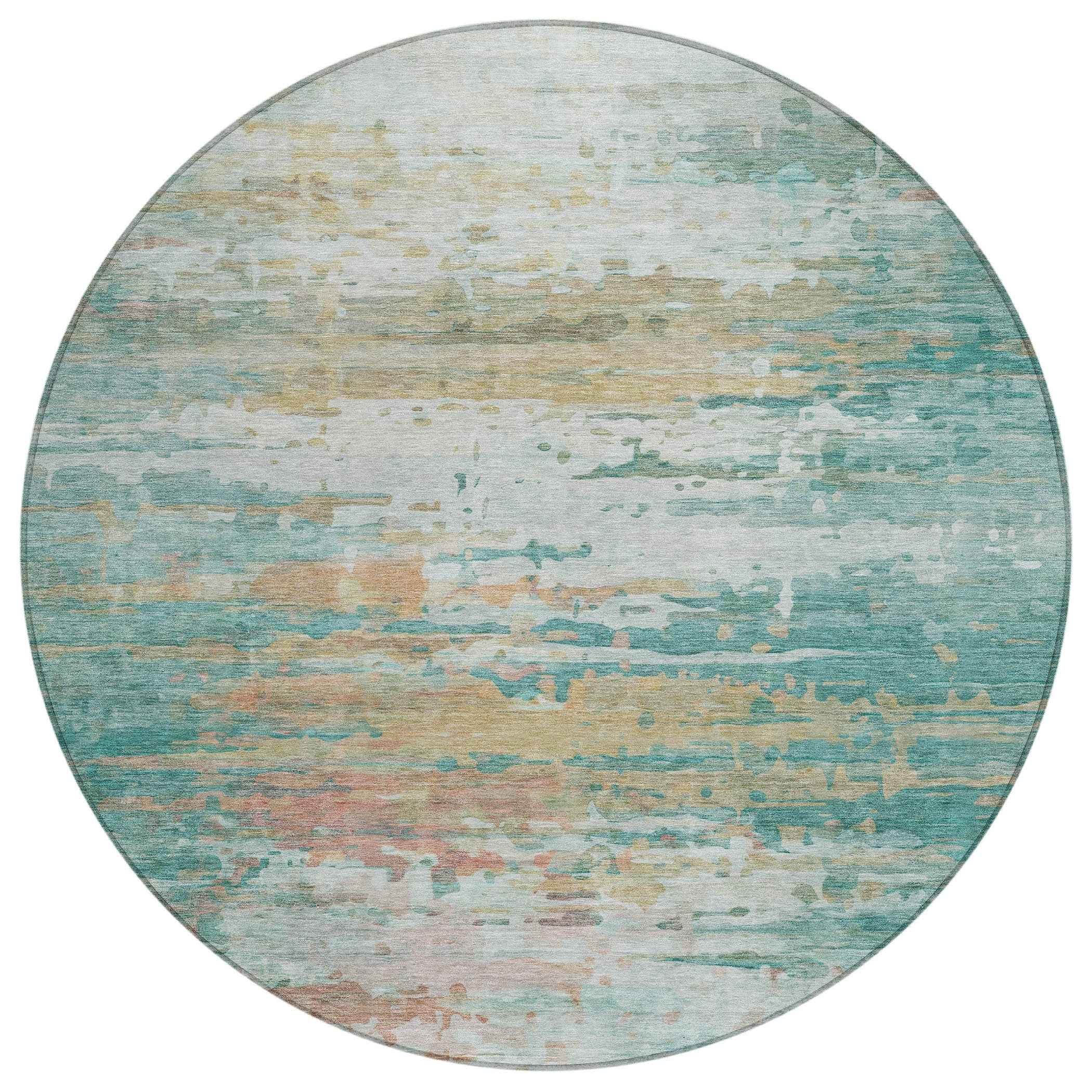 8' Teal Blue And Beige Round Abstract Washable Indoor Outdoor Area Rug
