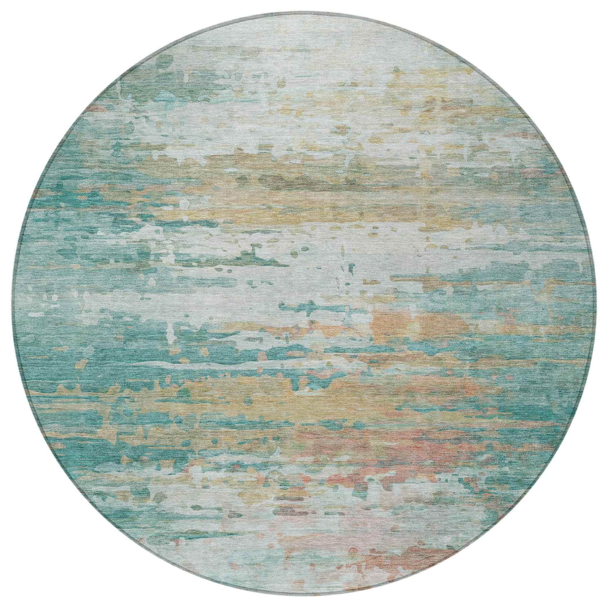 8' Teal Blue And Beige Round Abstract Washable Indoor Outdoor Area Rug