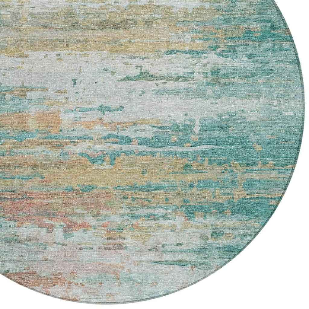 8' Teal Blue And Beige Round Abstract Washable Indoor Outdoor Area Rug