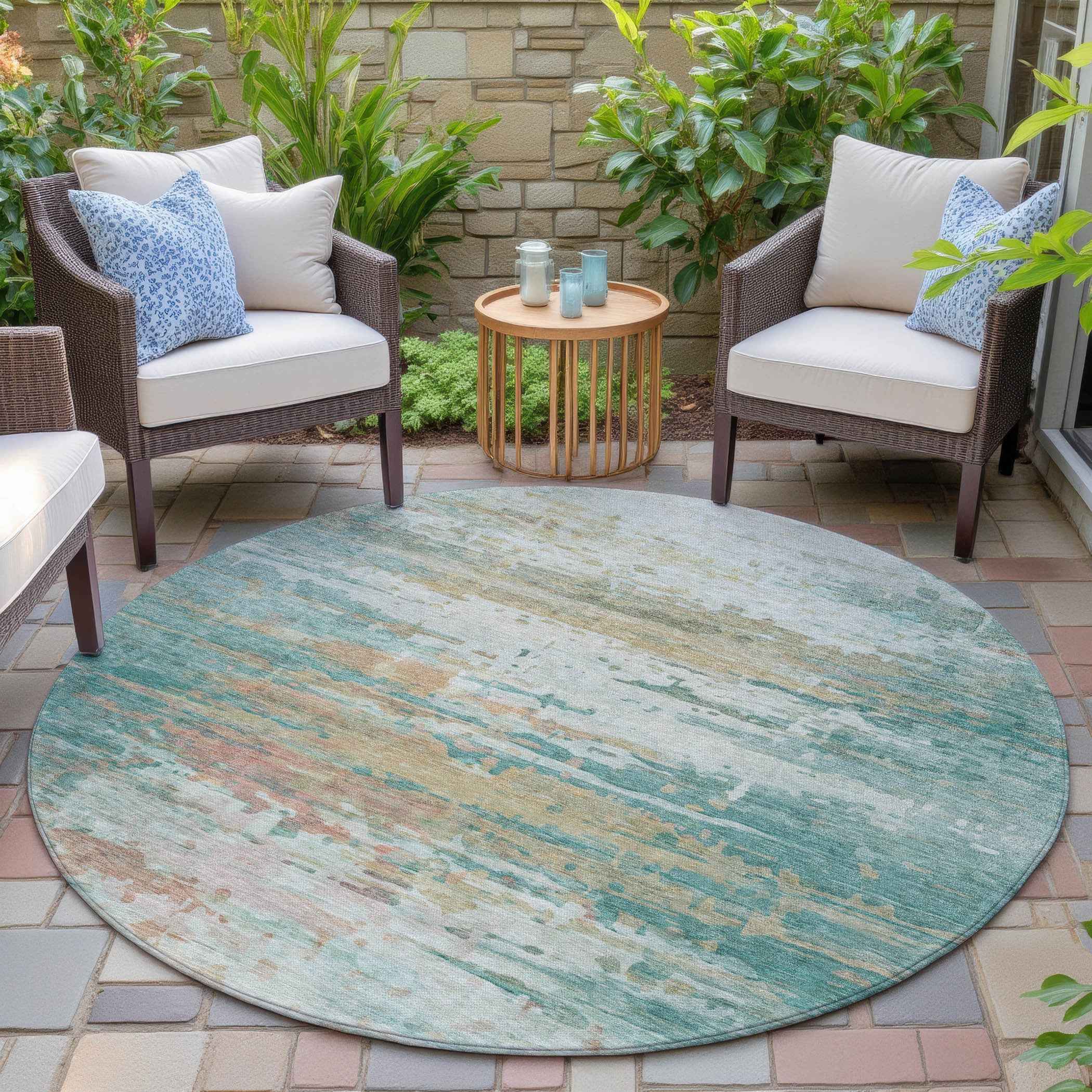 8' Teal Blue And Beige Round Abstract Washable Indoor Outdoor Area Rug
