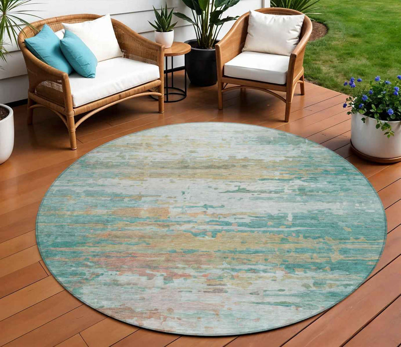 8' Teal Blue And Beige Round Abstract Washable Indoor Outdoor Area Rug