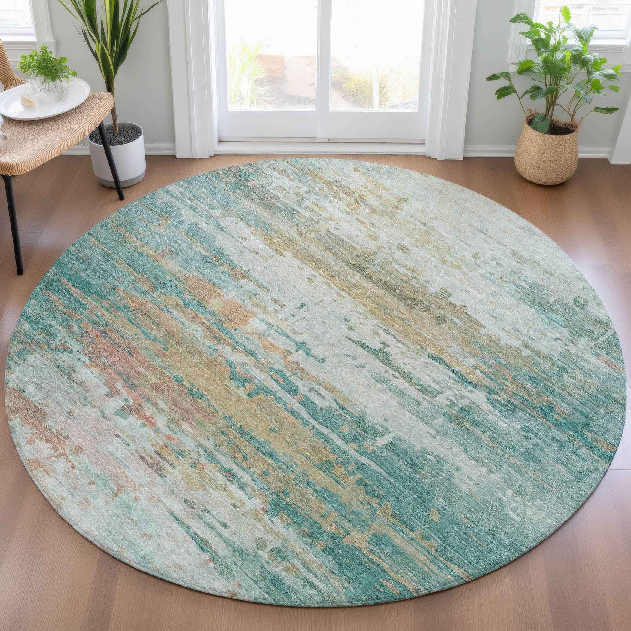 8' Teal Blue And Beige Round Abstract Washable Indoor Outdoor Area Rug